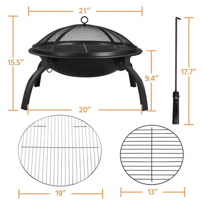 round Iron Fire Pit for Bonfire Camping BBQ, Black